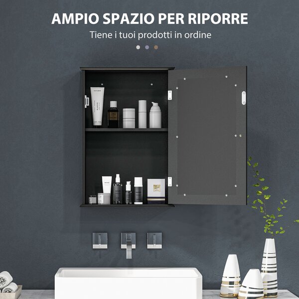 Kleankin Mobiletto Bagno Pensile con Specchio e Anta a Chiusura Magnetica, 41x14x60 cm, Nero | Aosom Italy