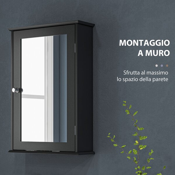 Kleankin Mobiletto Bagno Pensile con Specchio e Anta a Chiusura Magnetica, 41x14x60 cm, Nero | Aosom Italy