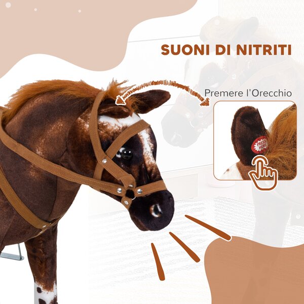 HOMCOM Cavallo a Dondolo per Bambini 2+ Anni con Nitrito, Sella e Staffe, in Peluche e Metallo, 85x28x60 cm, Marrone | Aosom Italy