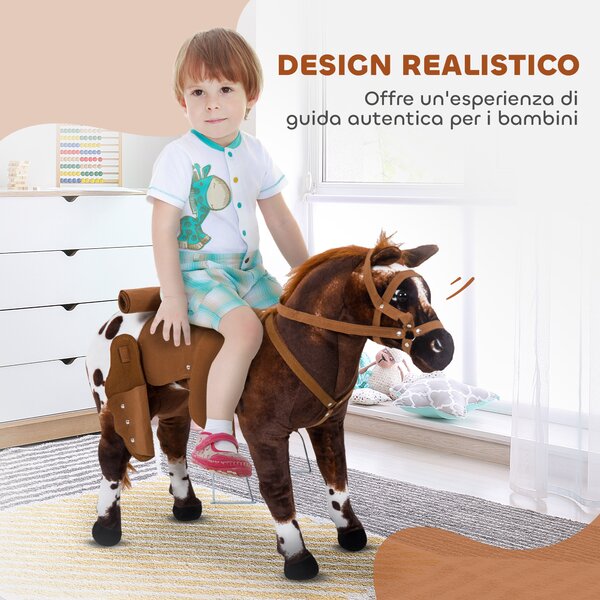 HOMCOM Cavallo a Dondolo per Bambini 2+ Anni con Nitrito, Sella e Staffe, in Peluche e Metallo, 85x28x60 cm, Marrone | Aosom Italy