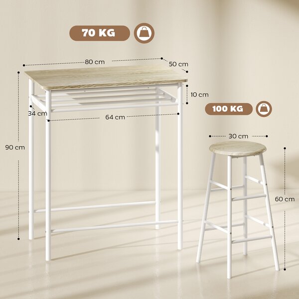 HOMCOM Set Tavolo Alto Bar con 2 Sgabelli Alti in Legno Stile Nordico, con Mensola e Sgabelli Cucina con Poggiapiedi, Bianco|Aosom Italy