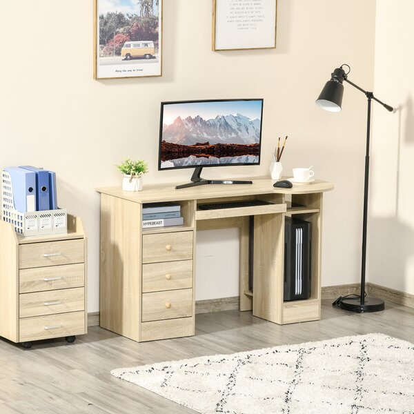 HOMCOM Scrivania da PC con 3 Cassetti e 2 Ripiani Regolabili in Legno, per Ufficio e Camera, Color Legno, 125x60x74cm | Aosom