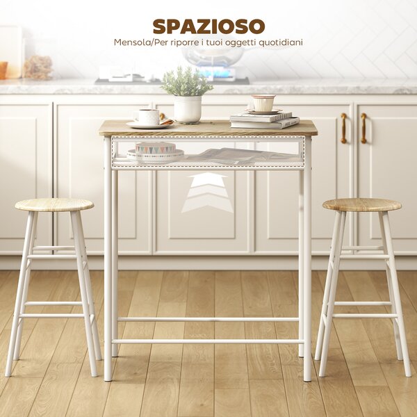 HOMCOM Set Tavolo Alto Bar con 2 Sgabelli Alti in Legno Stile Nordico, con Mensola e Sgabelli Cucina con Poggiapiedi, Bianco|Aosom Italy
