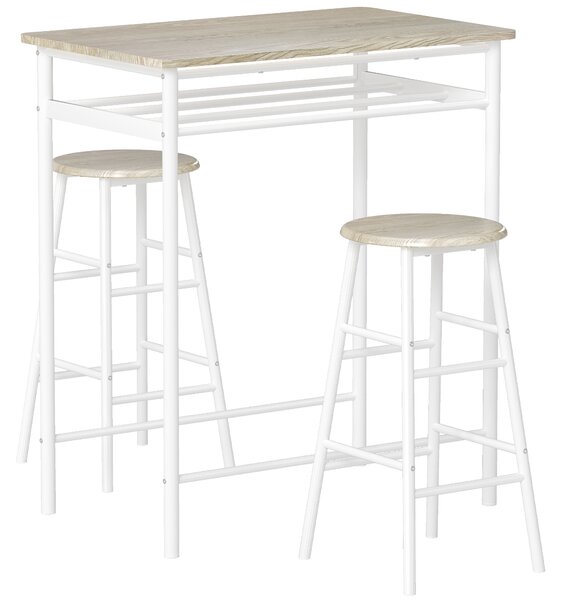 HOMCOM Set Tavolo Alto Bar con 2 Sgabelli Alti in Legno Stile Nordico, con Mensola e Sgabelli Cucina con Poggiapiedi, Bianco|Aosom Italy