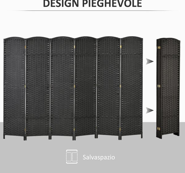 HOMCOM Paravento Divisorio da Interni Pieghevole a 6 Ante Intrecciato, 240x170 cm, Nero | Aosom Italy