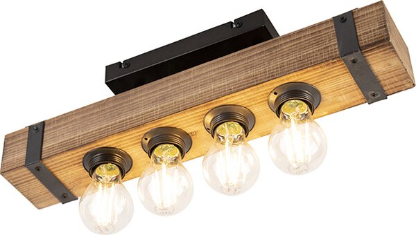 QAZQA - Stile industriale | Vintage | Stile industriale | Vintage | Lampada da soffitto | Lampada da soffitto | Lampada | Lampada in legno - ReenaI a 4 luci | Soggiorno | Camera da letto - Forma allungata - Compatibile con LED E27
