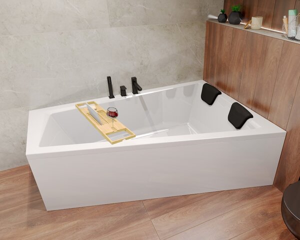 BADLAND vasca angolare rettangolare INTIMAS DESTRA 170x125 con set di scarico e piedini + 2 cuscini da bagno + mensola da bagno in bambù | BADLAND INTIMAS