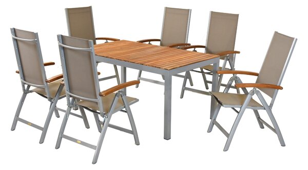 Set di mobili da giardino Merxx Naxos 7 pezzi, 6 sedie pieghevoli, 1 tavolo 150 x 90 cm - alluminio/tessuto/acacia