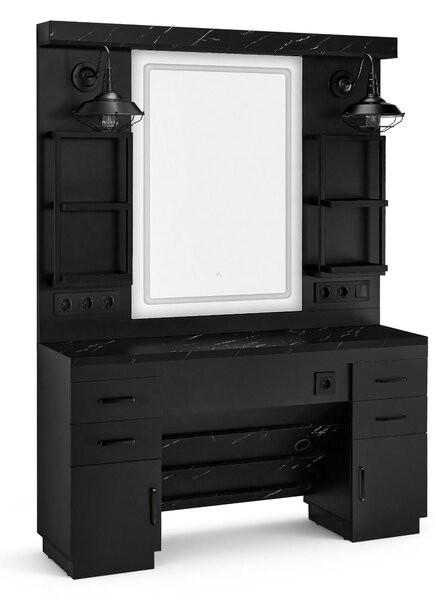 Toeletta con 4 cassetti, specchio, zona di lavoro con 4 ripiani e 2 armadietti, armadietto a specchio con illuminazione, 3187 (nero)