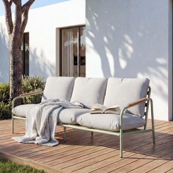 Panchina da giardino in alluminio MCW-O11, divano da esterno a 3 posti, tessuto olefinico (205 g/m²) 184 cm ~ verde chiaro imbottitura beige