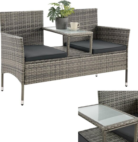 Panca da giardino Juskys in polyrattan Monaco - panca a 2 posti con tavolo e cuscini - 133 × 63 × 84 cm - panca in rattan resistente alle intemperie - grigio-mattato