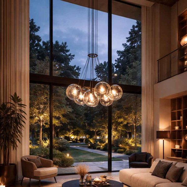 S.luce Orb Cluster: lampada a sospensione con diffusori in vetro a forma di sfera, ideale per gallerie, con 7 luci, finitura in rame, disponibile in versione rotonda e allungata, diametro 20 cm