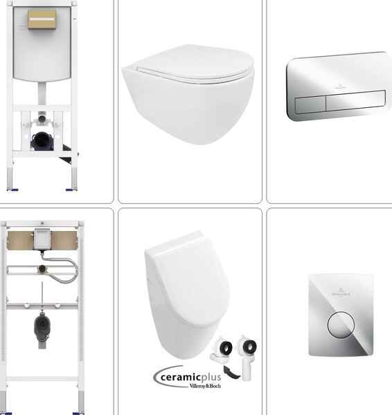 BB INFINITY WC sospeso senza bordo con accessori VILLEROY&BOCH e orinatoio SUBWAY Vetroceramica Plus, cromo