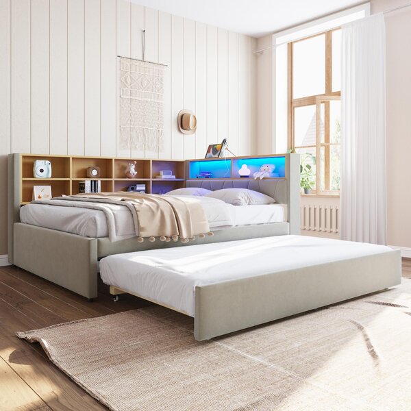 Divano letto 140 x 200 cm con letto estraibile 90 x 190 cm, dotato di luci LED, porte USB e Type-C, presa di corrente e vani portaoggetti, rivestito in flanella color grigio chiaro
