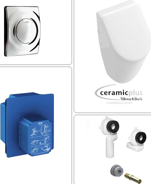 VILLEROY & BOCH Orinatoio Subway con coperchio SoftClose e valvola di scarico a parete GROHE con piastra di risciacquo, cromo
