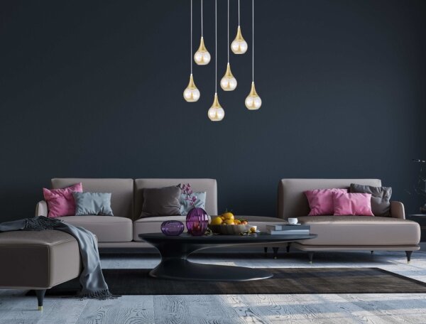 Lampadario a sospensione con filo LACRIMA HONEY 6xE27/60W/230V bianco/oro/fumé beige