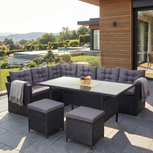 Set in polyrattan MCW-A29, set da giardino con divano, tavolo da pranzo e sedie, nero ~ cuscini grigio scuro, con 2 sgabelli