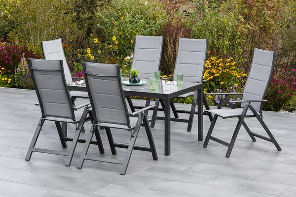 Set di mobili da giardino Merxx "Florenz" da 7 pezzi con tavolo 150 x 90 cm - Struttura in alluminio color grafite con rivestimento in tessuto grigio