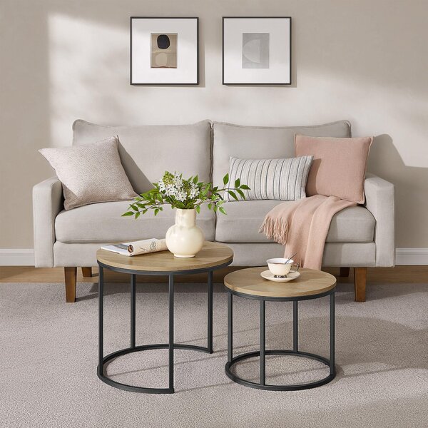 Set di 2 tavolini rotondi Tavolino Loft Design 2 in 1 Incastro Superficie antigraffio, soggiorno | Larghezza 53 cm e 43 cm Rovere Sonoma con gambe nere