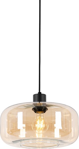 QAZQA - Lampada a sospensione Art Déco I Lampada a sospensione I Lampada a sospensione nera con vetro marrone - Bizle I Soggiorno I Camera da letto - Rotonda - LED adatto E27