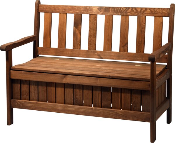 Panca da esterno "Massive" con ampio spazio contenitore, ideale per il giardino. Panca con cassetto/vano portaoggetti e schienale, modello a due posti, realizzata in legno , resistente alle intemperie. Dimensioni: 115 x 58 x 89 cm