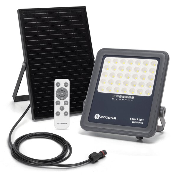 Proiettore solare Aigostar da 200 W con telecomando, 2000 lm, IP65, 6500 K per esterni