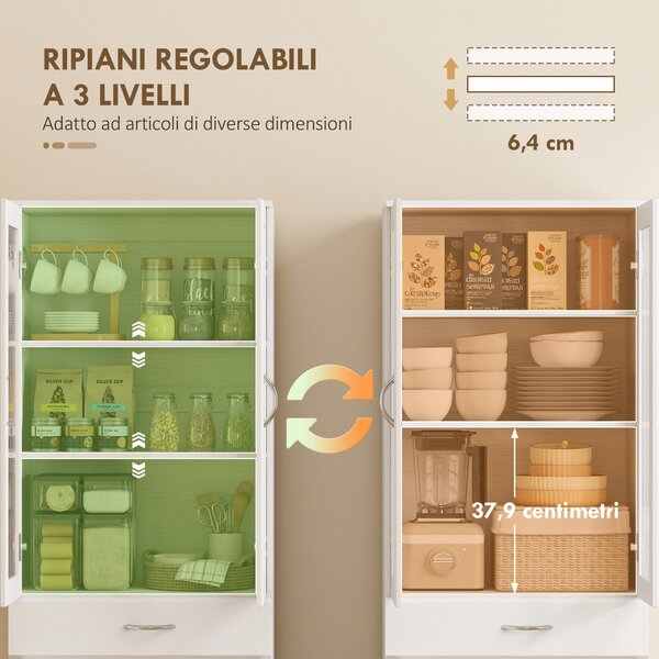 HOMCOM Credenza Cucina con 2 Armadietti e un Cassetto, Mensole Regolabili e Ante in Vetro, 60x35x180 cm, Bianco | Aosom Italy