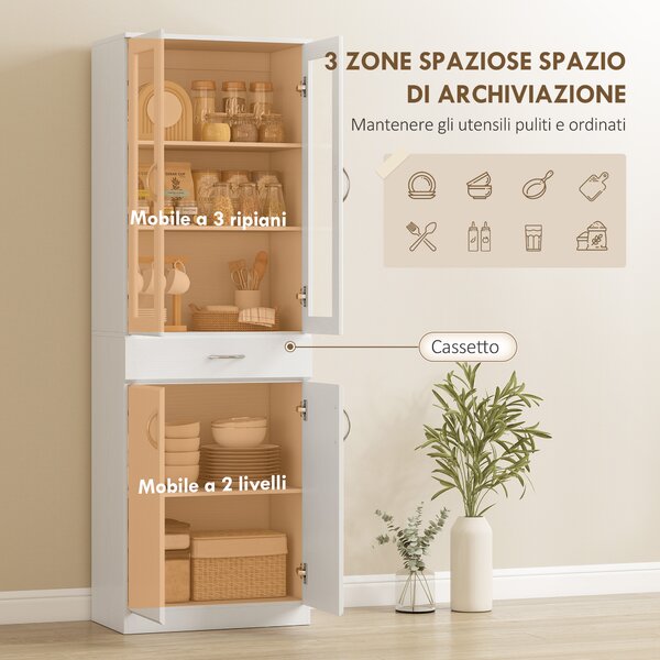 HOMCOM Credenza Cucina con 2 Armadietti e un Cassetto, Mensole Regolabili e Ante in Vetro, 60x35x180 cm, Bianco | Aosom Italy