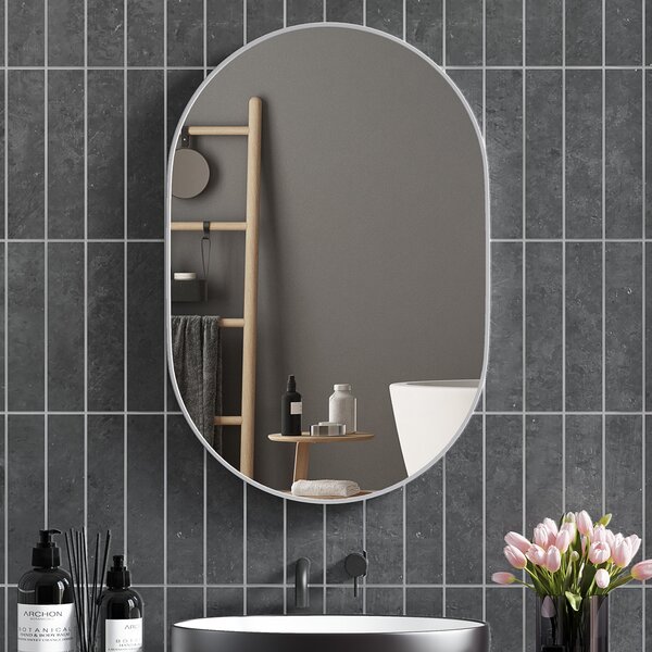 HOMCOM Specchio Bagno Ovale da Parete con Cornice in Alluminio, Verticale o Orizzontale, 60x90 cm, Argento | Aosom Italy