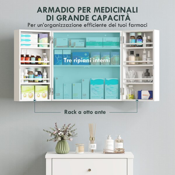 HOMCOM Armadietto Medicinali con 3 Mensole Interne e 8 Portabottiglie, in Legno e Metallo, 53x20x53 cm, Bianco | Aosom Italy