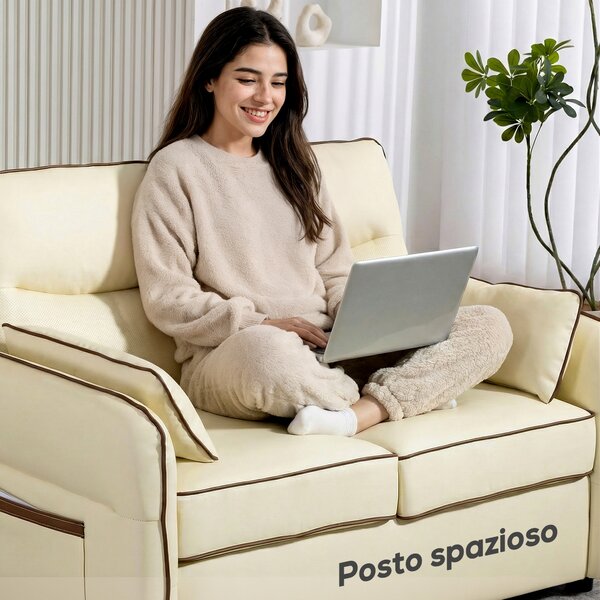HOMCOM Divano 2 Posti in Finta Pelle con Imbottitura Spessa, Tasca Laterale e 2 Cuscini, 136x81x90 cm, Beige | Aosom Italy