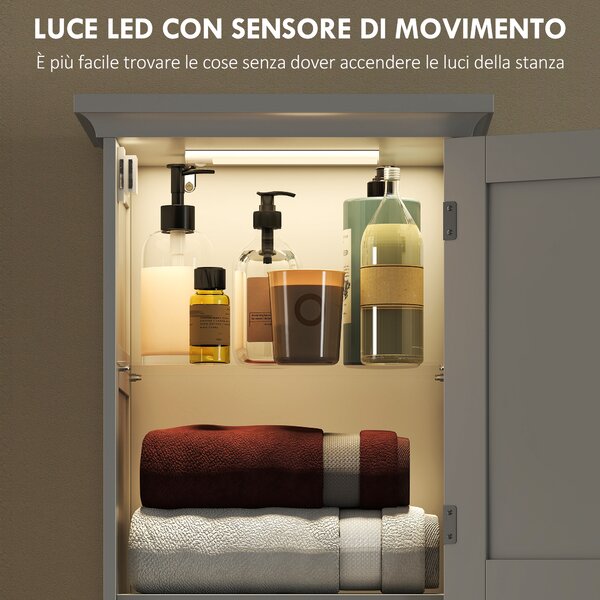 HOMCOM Mobile Colonna Bagno in Legno con 2 Armadietti con Sensore, Ripiano Aperto e Cassetto, 40x30x170 cm, Bianco | Aosom Italy