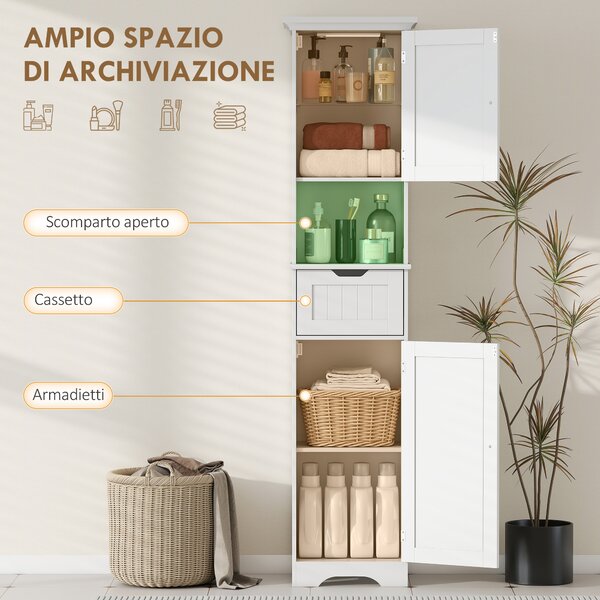 HOMCOM Mobile Colonna Bagno in Legno con 2 Armadietti con Sensore, Ripiano Aperto e Cassetto, 40x30x170 cm, Bianco | Aosom Italy