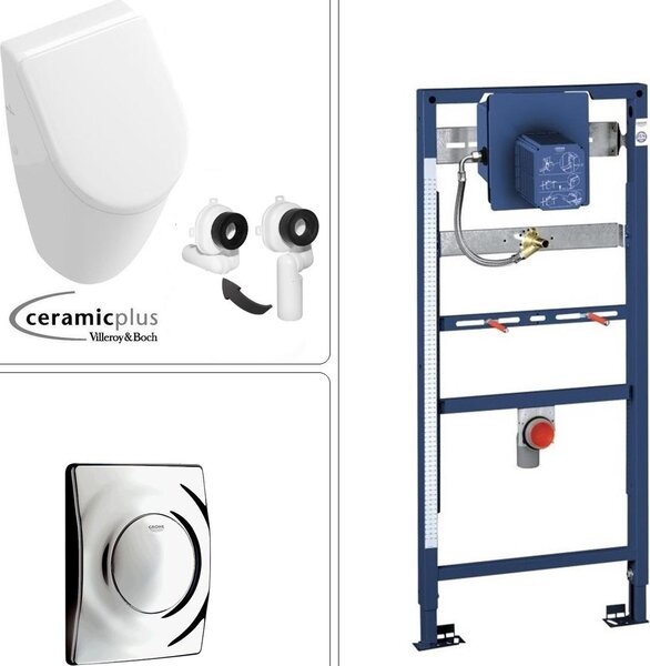 Orinatoio VILLEROY & BOCH SUBWAY con rivestimento CeramicPlus + coperchio SoftClose e telaio da incasso GROHE + piastra di risciacquo, cromo