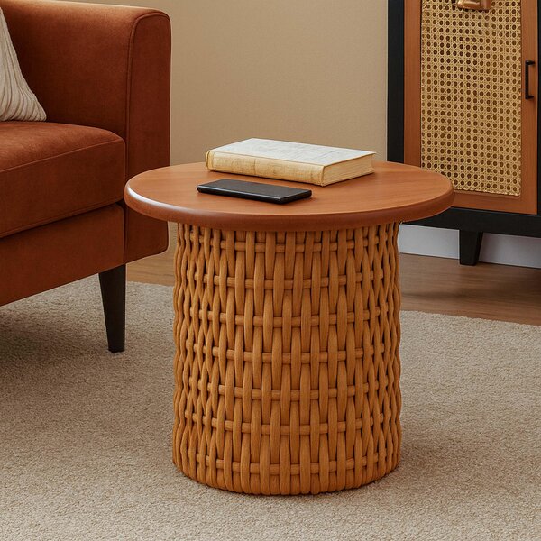 Tavolino MCW-P15, tavolino da salotto, tavolino da lounge, tavolino da soggiorno, tavolino per piante, in legno di mogano e rattan, rotondo, Ø 44 cm