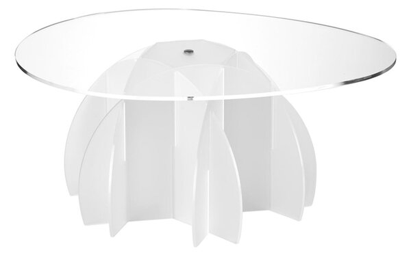 Tavolino Ovale basso Atlante 77x60xh33 cm peso Max Supportato 60 kg piano in metacrilato trasparente , base bianco satinato