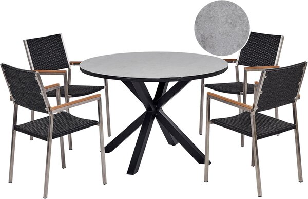 BELIANI Set da pranzo da giardino grigio e nero alluminio acciaio inox vetro Vetroceramica tavolo 4 sedie rattan artificiale arredo esterno moderno