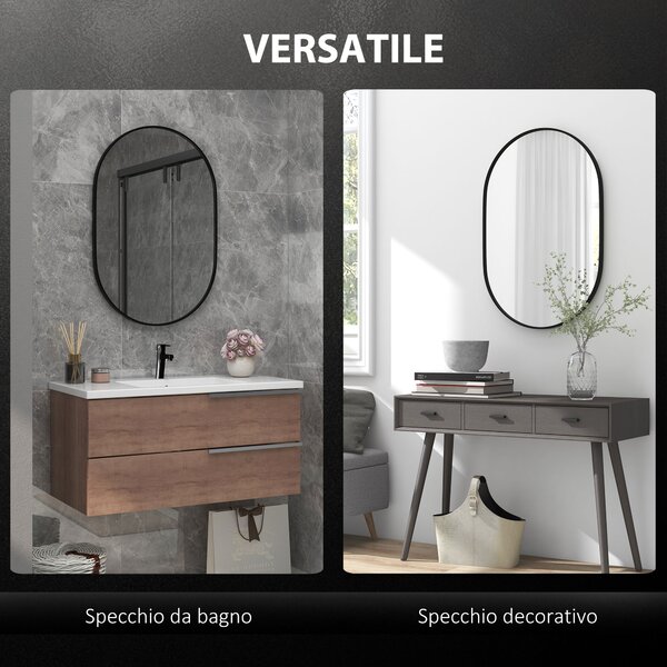 HOMCOM Specchio Bagno Ovale da Parete con Cornice in Alluminio, Verticale o Orizzontale, 60x90cm, Nero | Aosom Italy