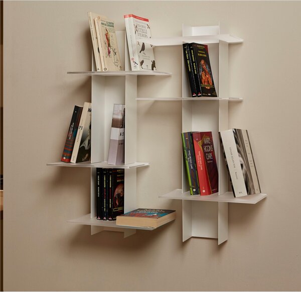 Libreria da Parete verticale Fissaggio a parete ELIB 39x23xh 70 cm con struttura in metallo verniciato bianco ripiani in metacrilato neri