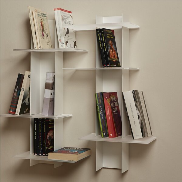 Libreria da Parete verticale Fissaggio a parete ELIB 39x23xh 70 cm con struttura in metallo verniciato bianco ripiani in metacrilato bianco