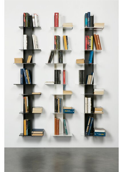 Libreria da Parete verticale Fissaggio a parete ELIB 39x23xh 170 cm con struttura in metallo verniciato NERO ripiani in metacrilato bianco satinato