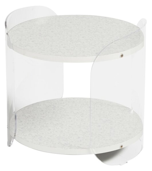Tavolinetto , comodino in metacrilato Trasparente ALVIN 41x41xh39 cm con ripiano in legno nobilitato particolari in acciaio lucido bianco