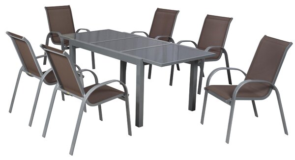 Set di mobili da giardino Merxx Amalfi taupe 7 pezzi, 6 sedie impilabili, 1 tavolo allungabile 160 (220) x 90 cm - alluminio/tessuto