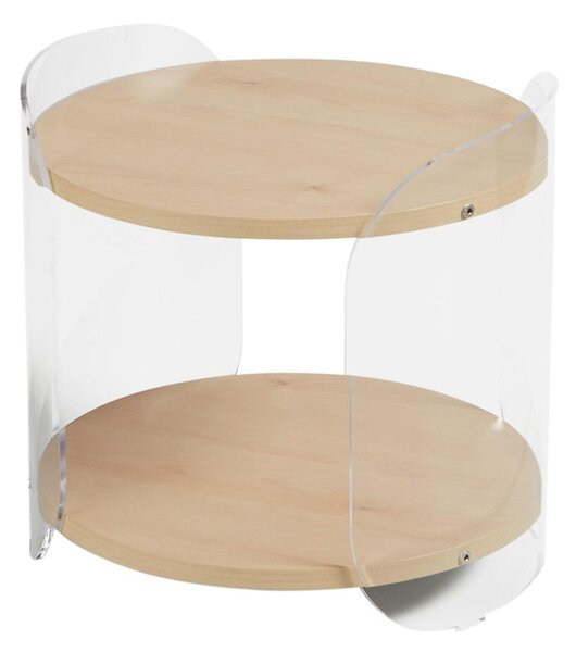 Tavolinetto, comodino in metacrilato Trasparente ALVIN 41x41xh39 cm con ripiano in legno nobilitato particolari in acciaio lucido acero mondial