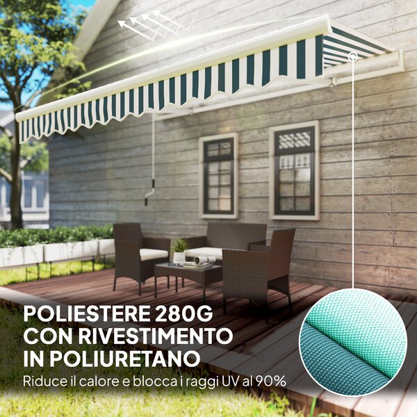 Outsunny Tenda da Sole a Bracci Avvolgibile, Tenda parasole a Manovella in Metallo e Alluminio, 4x2.5m, Verde e Bianco | Aosom Italy