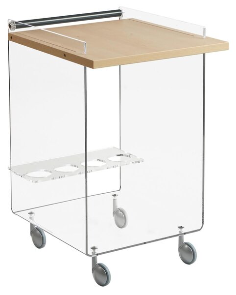 Carrello Cucina Portavivande in Metacrilato Trasparente 63x50xh80 cm AMBROGIO ruote anti graffio con ripiani in legno di acero, Acero Mondial