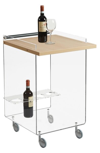 Carrello Cucina Portavivande in Metacrilato Trasparente 63x50xh80 cm AMBROGIO ruote anti graffio con ripiani in legno di acero, Acero Mondial