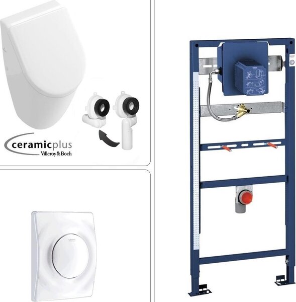 Orinatoio VILLEROY & BOCH SUBWAY con rivestimento CeramicPlus + coperchio SoftClose e telaio da incasso GROHE + piastra da incasso, bianco