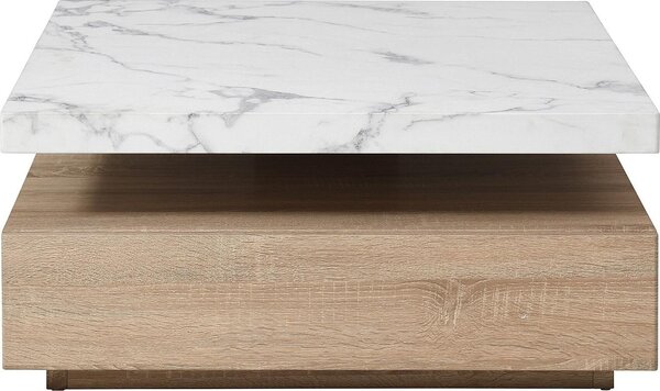 Tavolino girevole - 1 cassetto - MDF - Colori bianco e legno effetto marmo - KYRIA