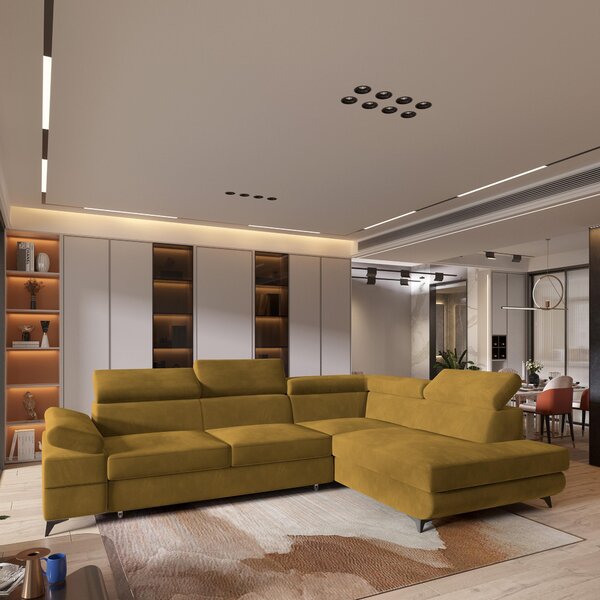 Divano angolare FAVIEN R-S di Masseno con funzione letto a L, divano con box letto, divano da soggiorno, divano, divano letto, set di divani - giallo, MONOLITH 48